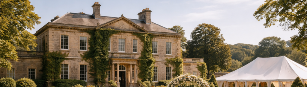 A honey-coloured stone Georgian house with ivy-covered walls, sash windows, and a central chimney stack.